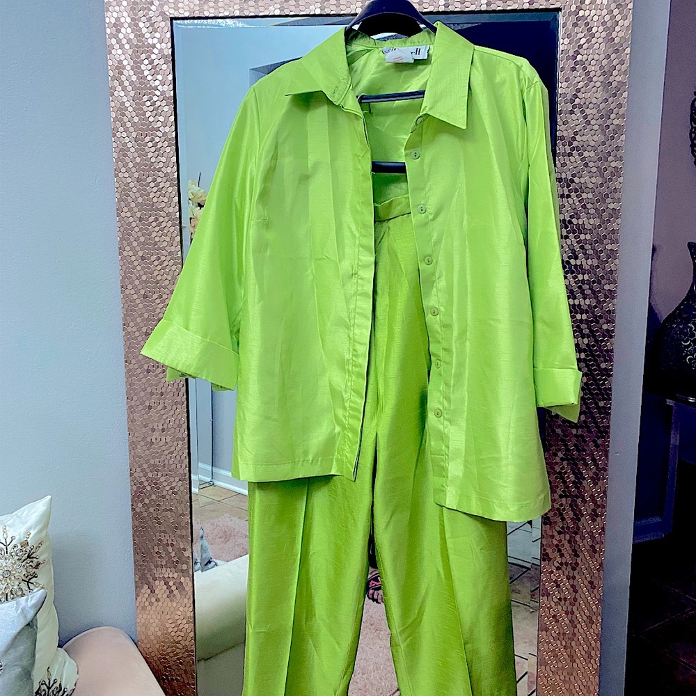 Satin fabric, sage green color , two pieces, great women suite design.